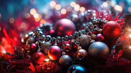 This captivating image features beautiful Christmas ornaments in rich colors, illuminated by warm lights, creating an enchanting and festive atmosphere perfect for the holiday season.の素材