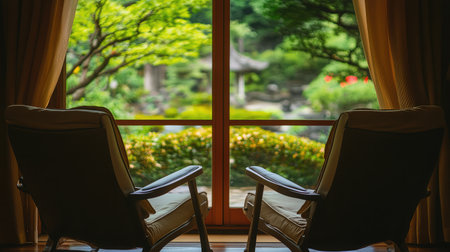 A serene view from indoors showcasing two comfortable chairs facing a lush garden through a large window, creating a perfect setting for relaxation and reflection amidst nature's beauty.の素材