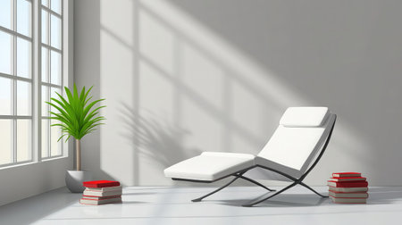 A modern minimalist interior featuring a sleek lounge chair, a potted plant, and neatly stacked books, illuminated by soft natural light from large windows.の素材