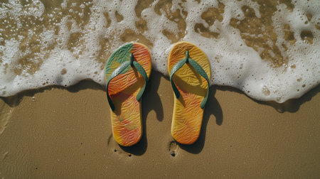 Bright and colorful flip-flops lie on a sandy beach, gently kissed by the waves, capturing the essence of a perfect summer day by the ocean.の素材
