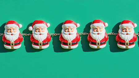 Colorful row of Santa Claus figures on a bright green background, adding a cheerful touch to holiday decorations perfect for Christmas celebrations and festive gatherings.の素材