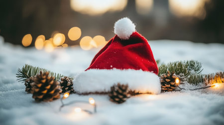 A charming red Santa hat rests on snow, surrounded by pine cones and greenery, with blurred Christmas lights creating a warm, festive ambiance. Perfect for holiday-themed projects.の素材