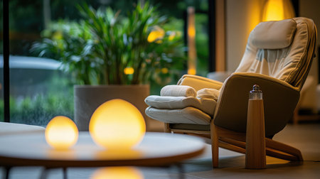 Discover a serene relaxation space featuring a cozy armchair, soft ambient lighting, and lush greenery, creating a perfect atmosphere for comfort and tranquility.の素材
