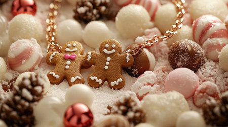 Adorable gingerbread cookies sit among colorful sweets and festive decorations, creating a joyful and whimsical winter scene perfect for holiday celebrations.の素材