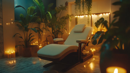 Cozy spa environment featuring a recliner and natural plants with soft candlelight, perfect for relaxation and self-care to create a tranquil ambiance.の素材
