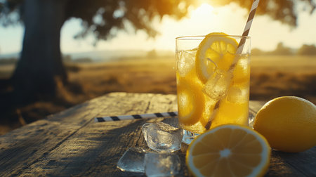 A refreshing glass of lemonade filled with ice and fresh lemon slices sits on a wooden table, glowing in the warm sunlight of a beautiful outdoor setting. Perfect for summer.の素材