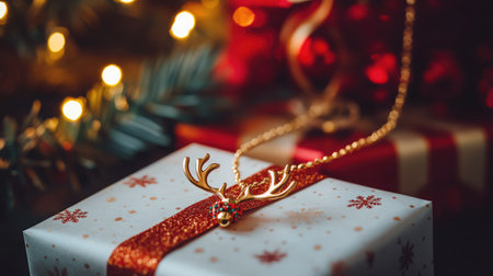 This enchanting image showcases a beautifully wrapped Christmas gift adorned with a golden reindeer pendant, radiating festive cheer and creating a cozy holiday atmosphere.の素材