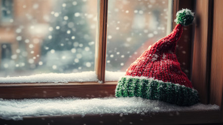 A vibrant knitted red and green Christmas hat rests on a snowy windowsill, capturing the essence of winter and the warmth of the holiday season with a serene atmosphere.の素材