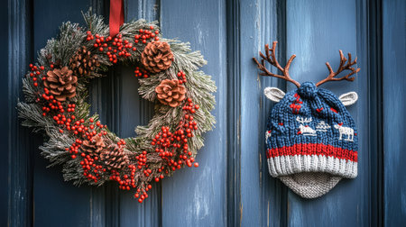 A charming holiday scene featuring a beautiful wreath adorned with pine cones and berries, paired with a playful reindeer hat on a blue door, evoking a cozy winter spirit.の素材