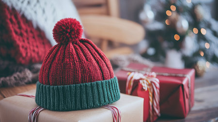 A cheerful red and green knitted beanie with a pom pom sits atop wrapped gift boxes, creating a warm and festive atmosphere perfect for the holiday season.の素材
