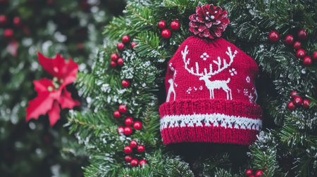 A cozy red knit hat featuring a charming reindeer design is beautifully displayed on a Christmas wreath adorned with pine needles and festive decorations, perfect for the holiday spirit.の素材