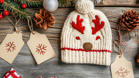 A charming Christmas arrangement featuring a knitted reindeer hat, festive gift tags, and natural pine cones, creating a cozy holiday atmosphere on a wooden table.の素材