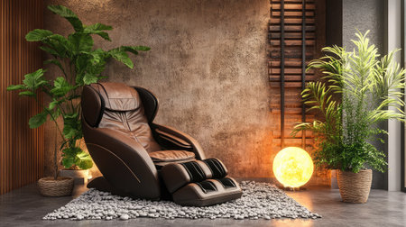 A luxurious massage chair positioned in a modern interior featuring plants and warm lighting, creating a serene environment for relaxation and wellness. Perfect for stylish living spaces.の素材