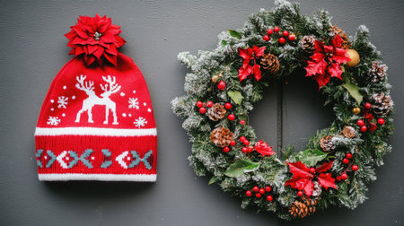 A charming red knit hat featuring a reindeer design is paired with a beautifully decorated Christmas wreath, both evoking holiday warmth and joy on a gray background.の素材