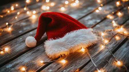 A cozy red Christmas hat with a fluffy white trim rests on a wooden surface, surrounded by glowing holiday lights, creating a warm festive atmosphere perfect for seasonal decor.の素材