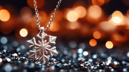 This stunning silver snowflake pendant necklace shimmers against a vibrant bokeh background, capturing the essence of winter and elegance for any occasion.の素材