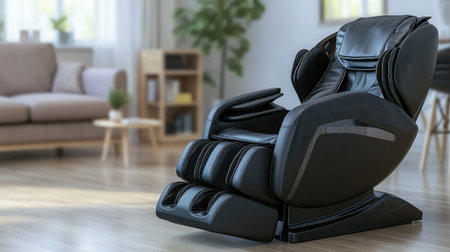 This image showcases a sleek black massage chair positioned in a bright living room, highlighting modern decor elements and creating an inviting and relaxing environment.の素材
