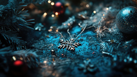 A captivating image of a silver snowflake necklace resting on a glimmering surface amidst festive decorations, capturing the essence of holiday sparkle and winter charm.の素材
