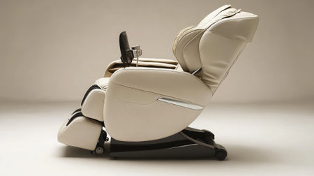 This image features a modern reclining massage chair in a soft beige shade, emphasizing ergonomic design that promotes relaxation and comfort in any interior setting.の素材