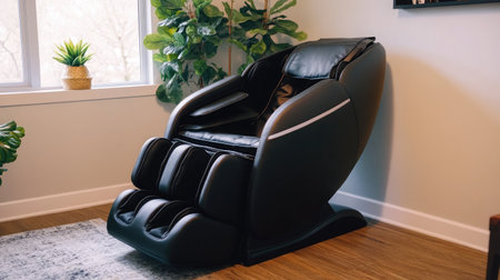 This sleek black massage chair offers luxurious comfort and relaxation in a modern living room, perfect for enhancing wellness and stress relief in any home or office setting.の素材