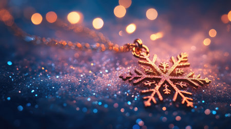 A stunning close-up image of a glittering snowflake ornament adorned with shimmering lights, creating a warm and festive atmosphere perfect for winter celebrations.の素材