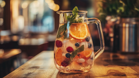 A beautifully arranged glass pitcher filled with vibrant fruits and mint, perfect for summer gatherings and refreshment in a cozy cafe atmosphere.の素材