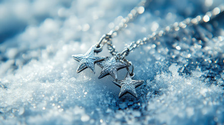A stunning silver star pendant necklace rests gracefully on a snowy background, embodying winter's beauty with its sparkling elegance and flawless craftsmanship.の素材
