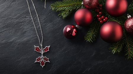 A stunning silver necklace featuring a holly leaf pendant is elegantly placed on a dark slate surface. Surrounding it are rich red Christmas ornaments and lush green foliage, creating a festive atmosphere.の素材