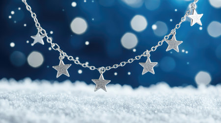 This beautiful silver star necklace on snow with a soothing blue bokeh background highlights elegance and charm, perfect for winter fashion and festive celebrations.の素材
