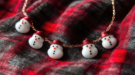 An adorable snowman necklace featuring charming snowman charms in festive red hats, resting on a cozy flannel fabric, ideal for holiday outfits and cheerful winter celebrations.の素材