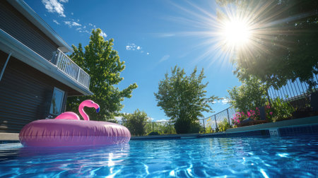 Enjoy a peaceful summer day by the pool, featuring a pink flamingo float, sparkling water, and lush green surroundings under a bright sun. A perfect escape for relaxation.の素材