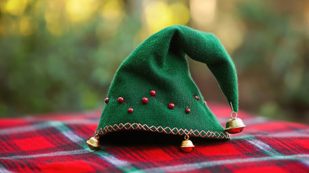 A charming green elf hat with festive bells and red accents sits on a plaid background, evoking a joyful holiday spirit perfect for seasonal celebrations and photography.の素材