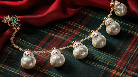 Charming snowman ornaments create a whimsical holiday atmosphere against a rich red fabric and classic plaid background, enhancing seasonal celebrations with joy and elegance.の素材