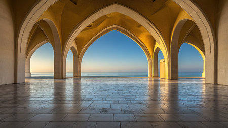 Experience the calm of dawn with stunning arches overlooking a serene sea, highlighting architectural beauty and tranquility in a peaceful coastal setting.の素材