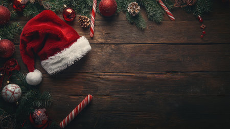 A festive flat lay featuring a red Santa hat, shiny ornaments, a candy cane, and pine branches arranged on a rustic wooden surface. Perfect for holiday inspiration.の素材