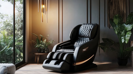 A sleek black massage chair positioned warmly in a bright living room, surrounded by lush green plants and natural light, offering a perfect blend of comfort and modern design.の素材