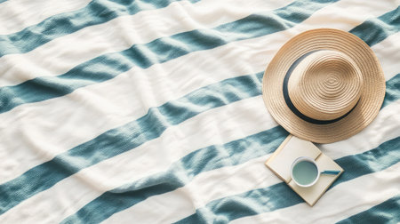 A peaceful beach scene showcasing a straw hat, a cup of coffee, and a soft striped blanket, creating a perfect setting for relaxation and enjoyment under the sun.の素材