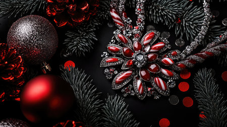 Stunning jewelry set in a festive arrangement, featuring a striking red and silver necklace on a black background, surrounded by holiday decorations and greenery.の素材