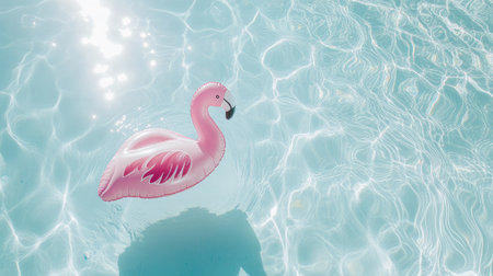 A charming pink flamingo float bobs gently on the surface of a bright blue pool, capturing the essence of summer relaxation and outdoor fun with sunlight sparkling on the water.の素材