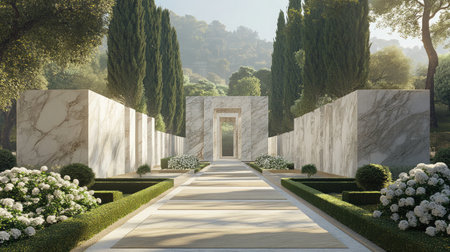 A stunning marble pathway leads through a beautifully landscaped garden, framed by elegant cypress trees and vibrantly blooming flowers, creating a tranquil and serene atmosphere.の素材