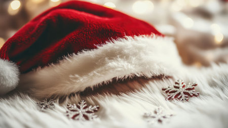 A vibrant red Santa hat rests on a soft white fur background, adorned with delicate snowflakes, evoking the joyful spirit and warmth of the Christmas season.の素材
