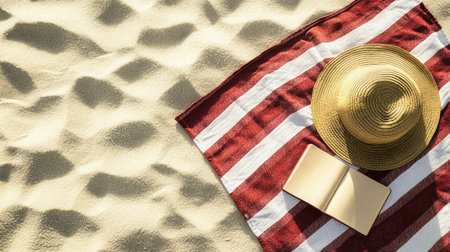 Enjoy a serene beach scene featuring a straw hat, an open book, and a colorful towel resting on soft sand, ideal for relaxation and summer inspiration.の素材