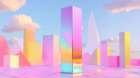 A stunning futuristic urban landscape featuring colorful geometric shapes and reflective surfaces, set under a beautiful sky, perfect for themes of technology and creativity.の素材