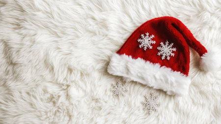 A vibrant red Santa hat with white fur trim rests on a soft white faux fur background, adorned with delicate snowflakes, capturing the essence of the holiday spirit.の素材