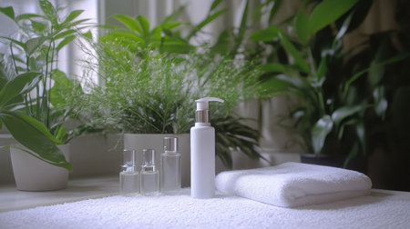 Tranquil scene featuring skincare products placed on a soft towel surrounded by lush greenery, perfect for promoting wellness, beauty, and relaxation in a serene indoor environment.の素材