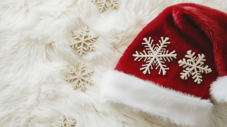 A cozy red Christmas hat adorned with snowflakes sits on a soft white faux fur background, capturing the essence of winter festivities and holiday cheer.の素材