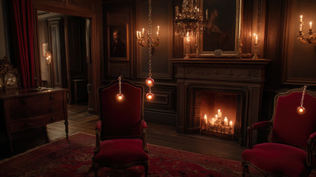 A warm and inviting interior showcasing vintage lighting and classic decor, featuring red armchairs positioned near a cozy fireplace, creating an elegant atmosphere.の素材