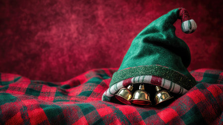 A vibrant green elf hat adorned with jingle bells, resting on a rich red and green plaid fabric, creating a cheerful and festive atmosphere for the holiday season.の素材