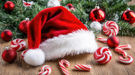 A vibrant holiday composition featuring a red Santa hat, colorful candy canes, and shiny ornaments surrounded by lush pine branches, perfect for seasonal celebration inspirations.の素材