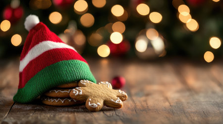 Charming gingerbread cookies wearing a festive Santa hat rest on a rustic wooden table illuminated by sparkling Christmas lights, creating a warm holiday atmosphere.の素材